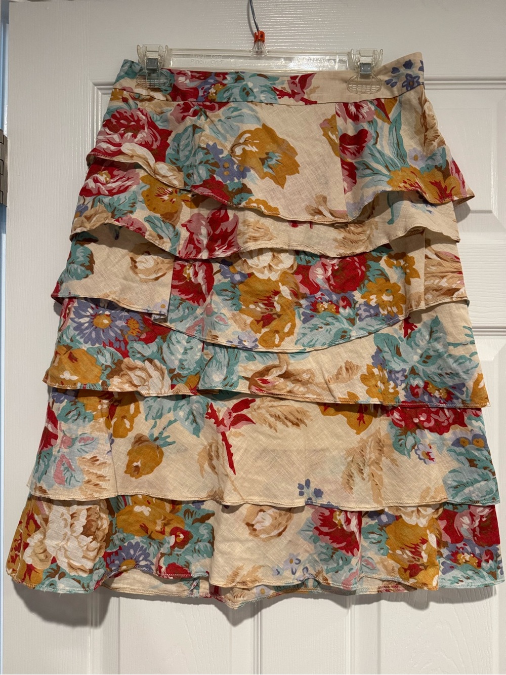 Tasha Polizzi Cream Floral Tiered Ruffle Skirt with Red, Mustard & Aqua Florals